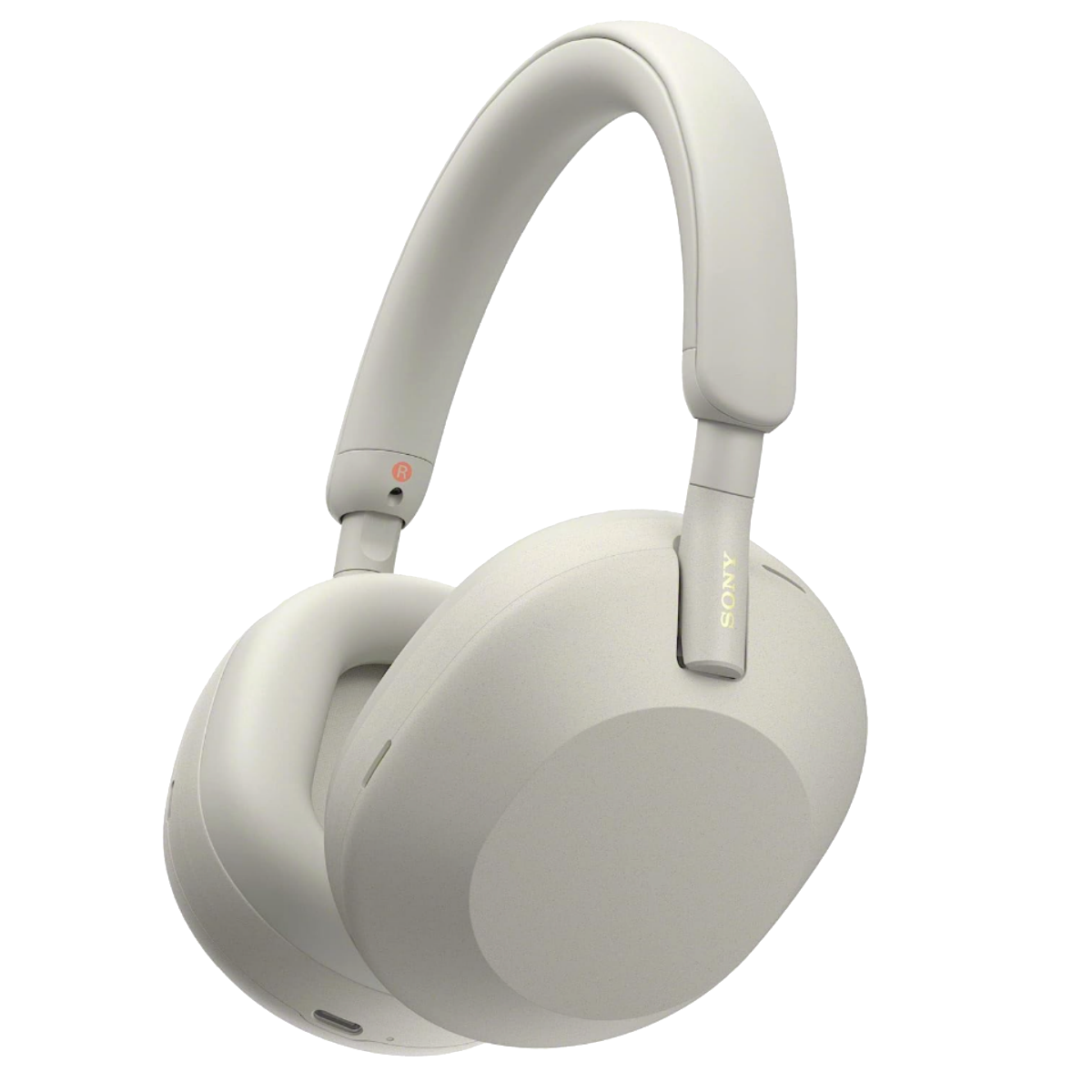 A set of silver Sony WH-1000XM5 headphones.