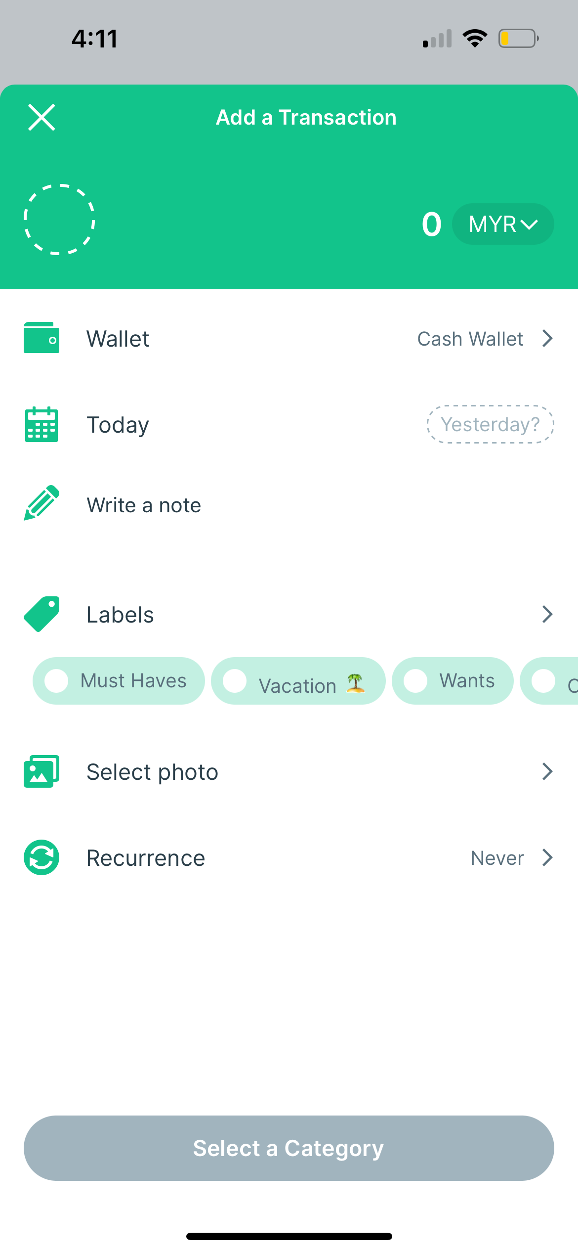 Add a transaction menu to your spending app