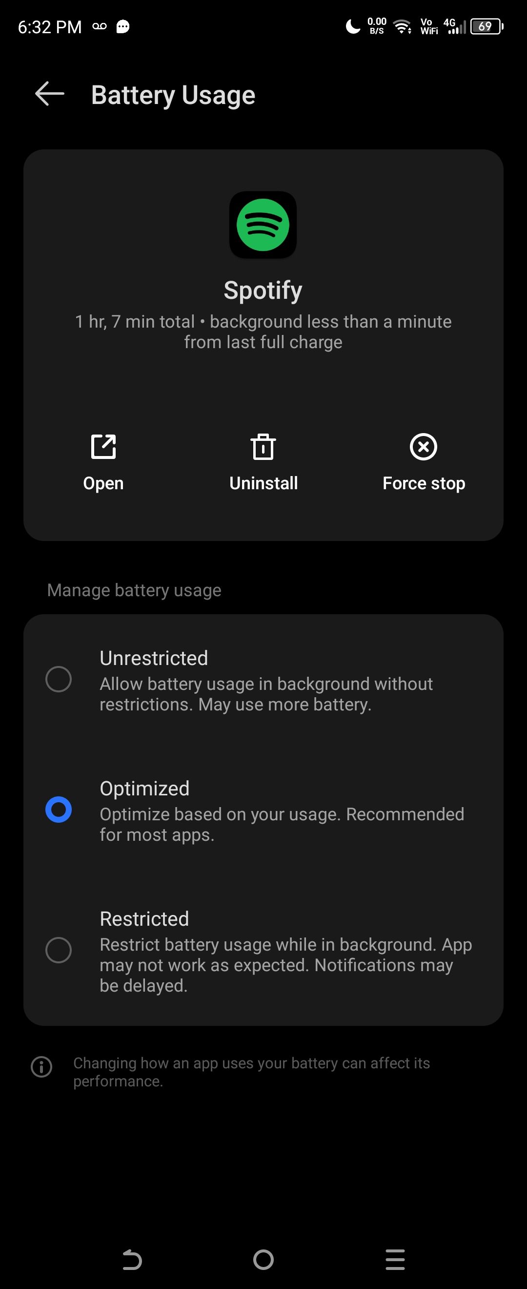 spotify app info android battery power settings