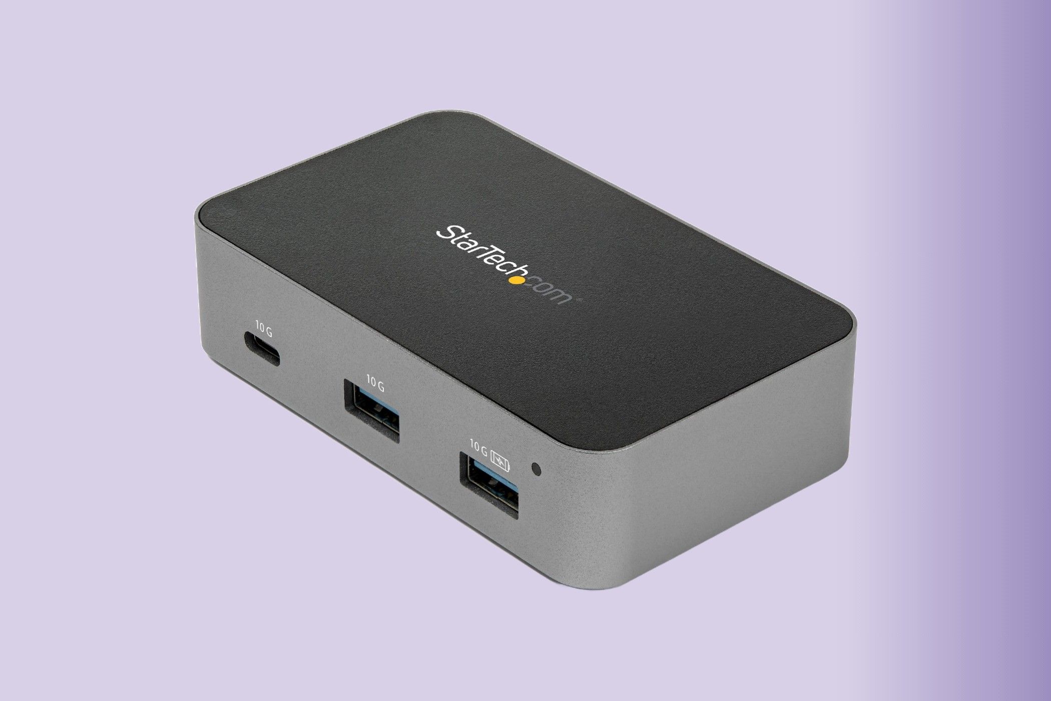 The StarTech.Com 4-Port USB-C 10Gbps Hub on a purple background.