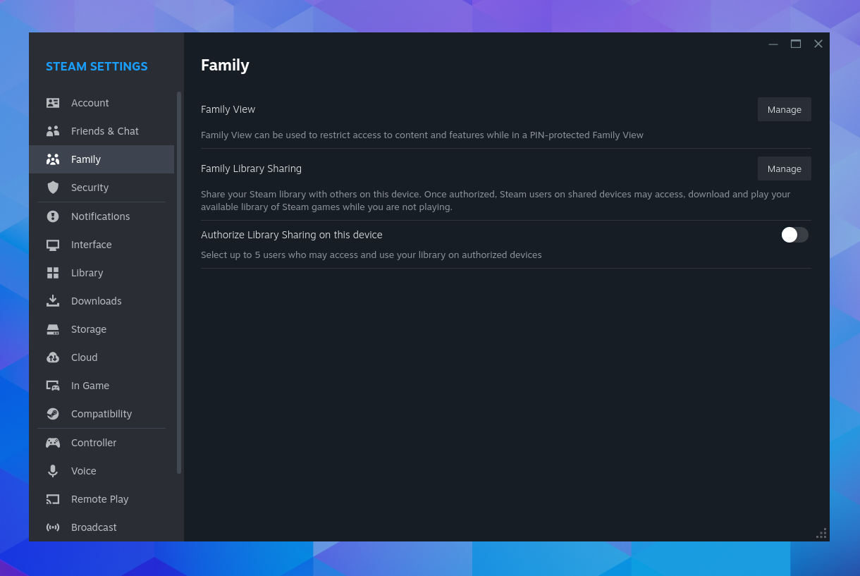Client desktop Steam care afișează opțiunea „Vizualizare familie”.