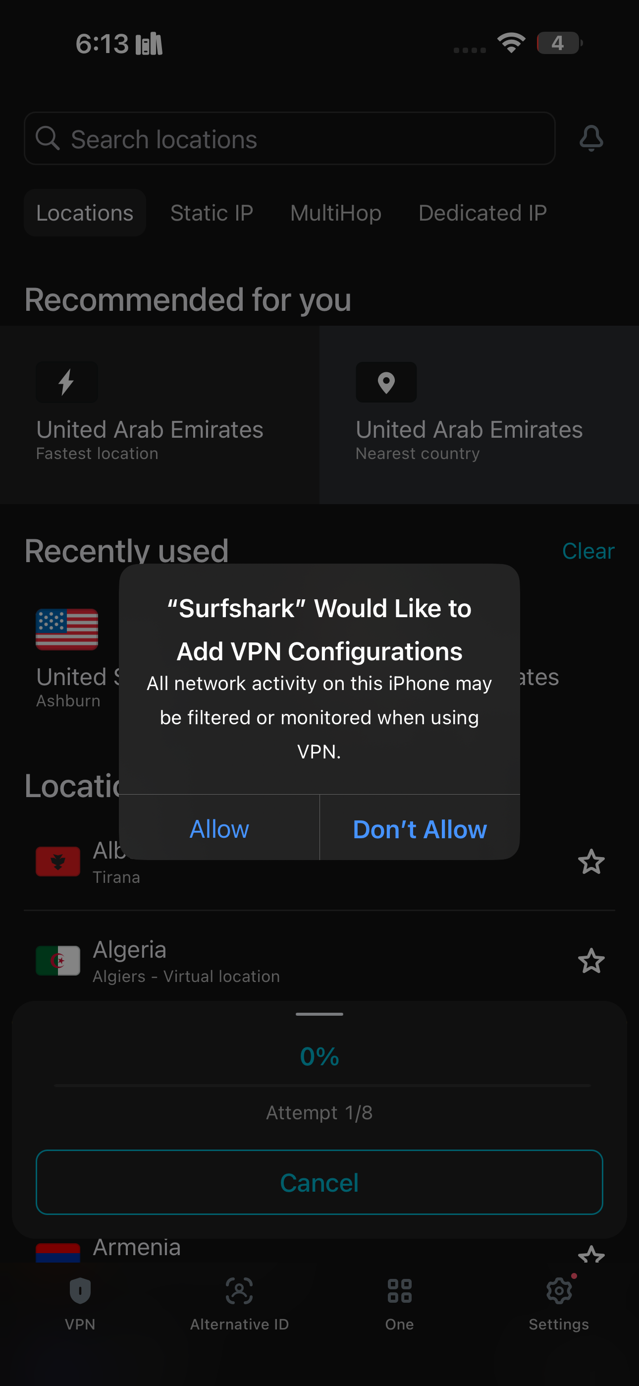 درخواست SurfShark برای اضافه کردن پیکربندی VPN