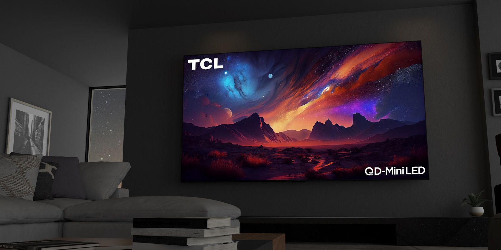 tcl qd-mini led tv on a wall with dark background