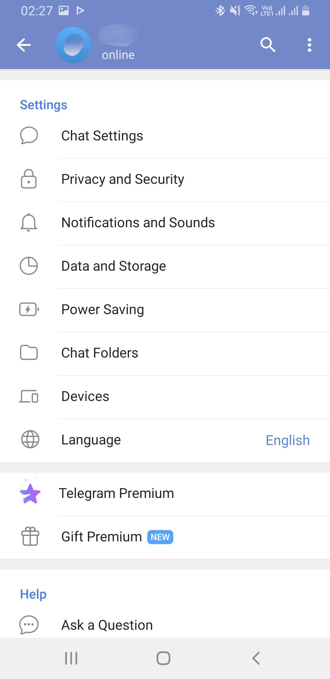 Telegram settings menu