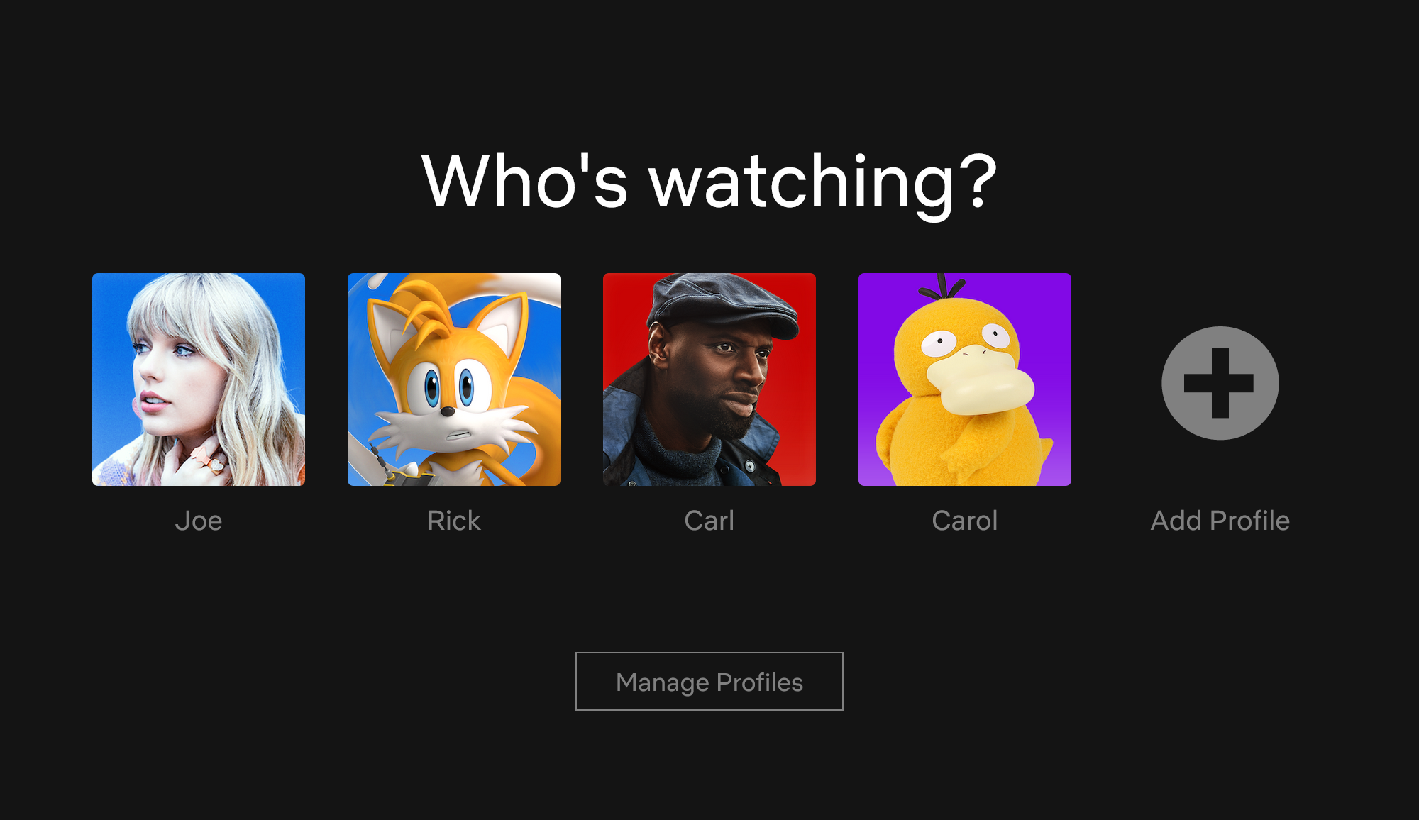 Ecranul Netflix „Cine se uită” cu patru profiluri.