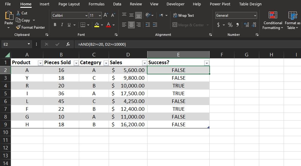 Using greater than or equal to with the AND function in Excel