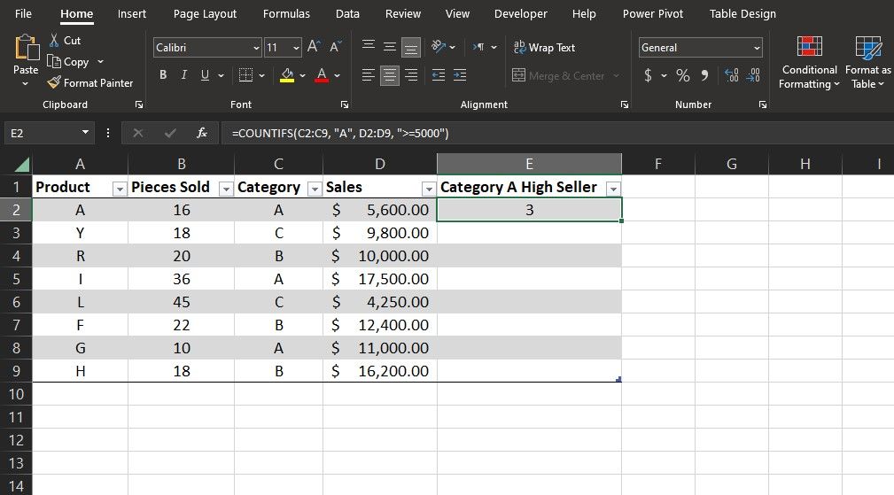 Using greater than or equal to with the COUNTIFS function in Excel