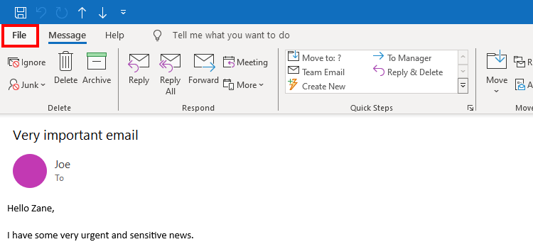 Viewing an email in Outlook with File highlighted.