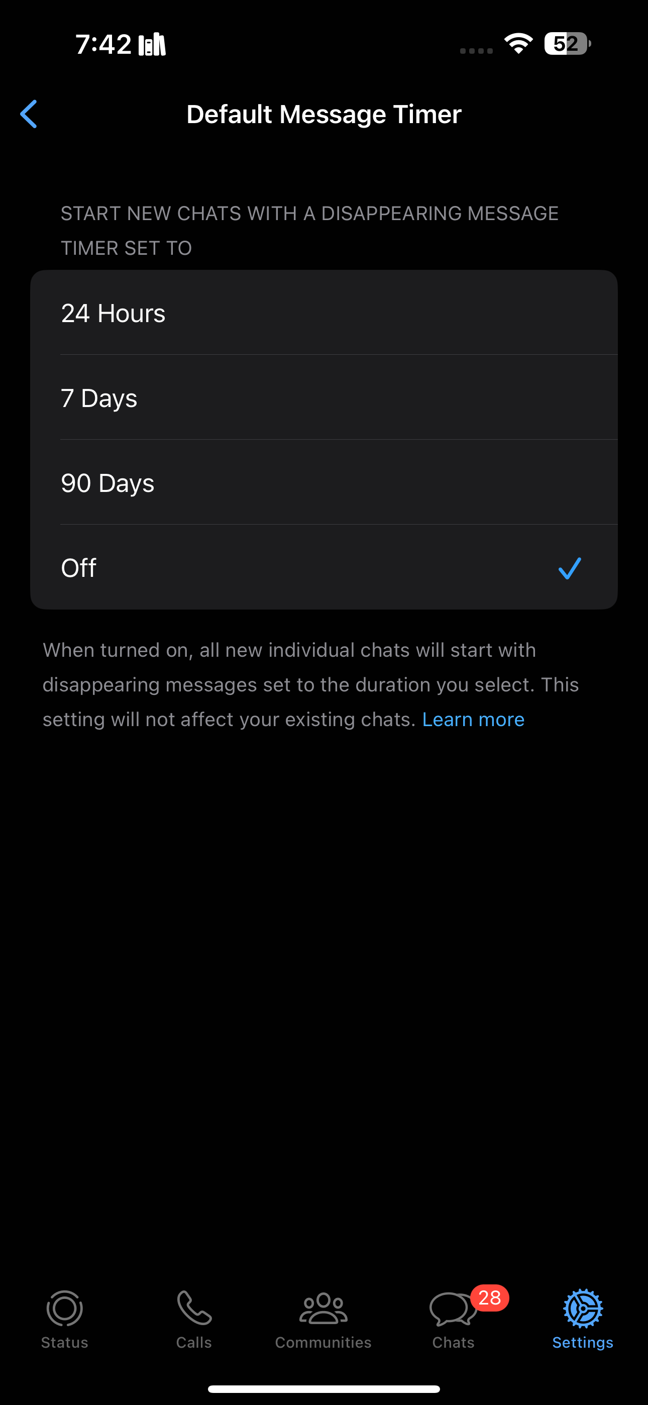 whatsapp default message timer settings