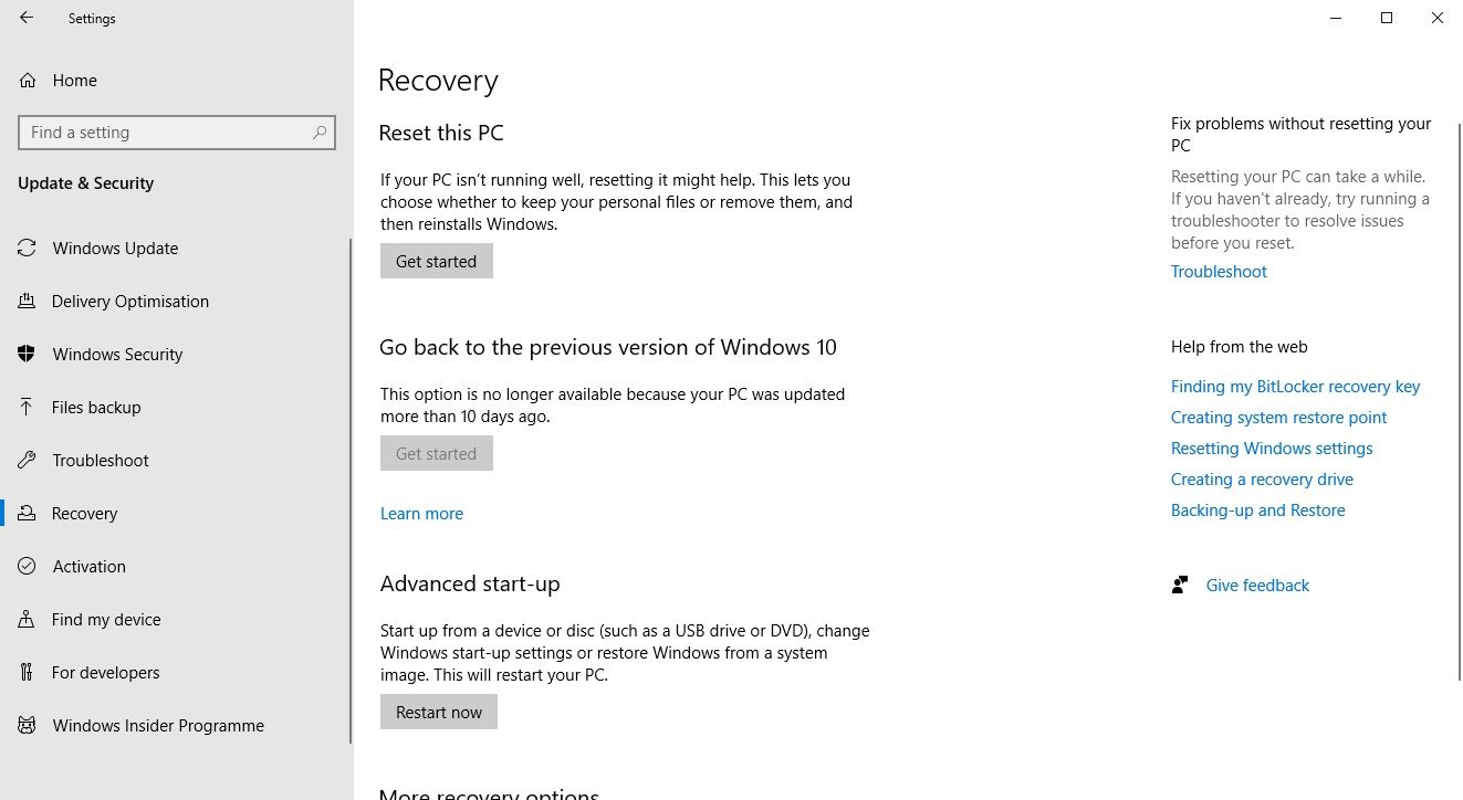 windows 10 recovery and reset pc options