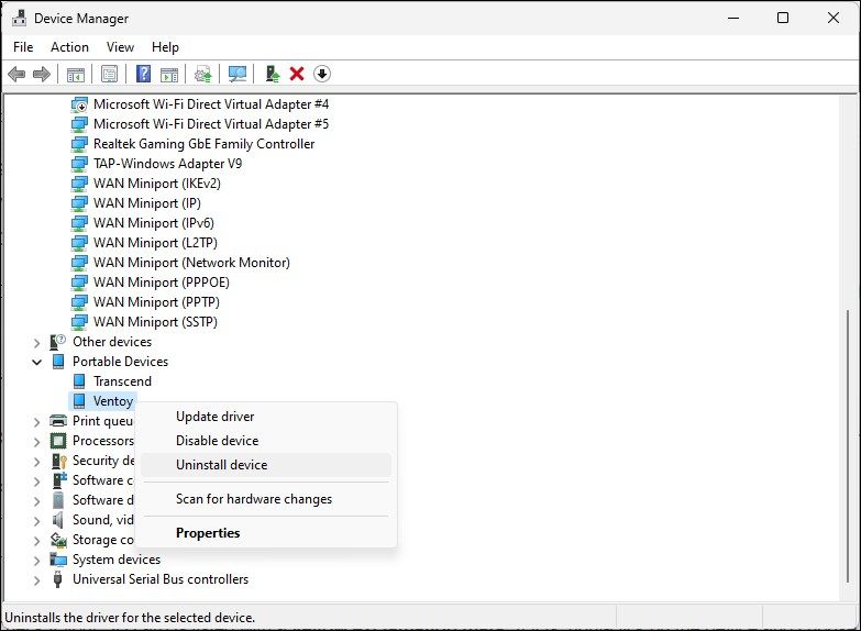 Windows 11 Диспетчер устройств Портативное устройство, показывающее опцию Свойств устройства