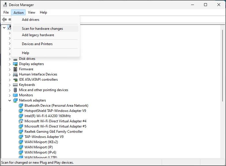 Диспетчер устройств Windows 11, показывающий параметры действий