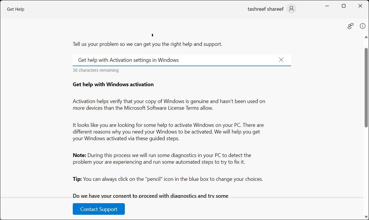 Windows 11 get help app showing the Contact Support option.