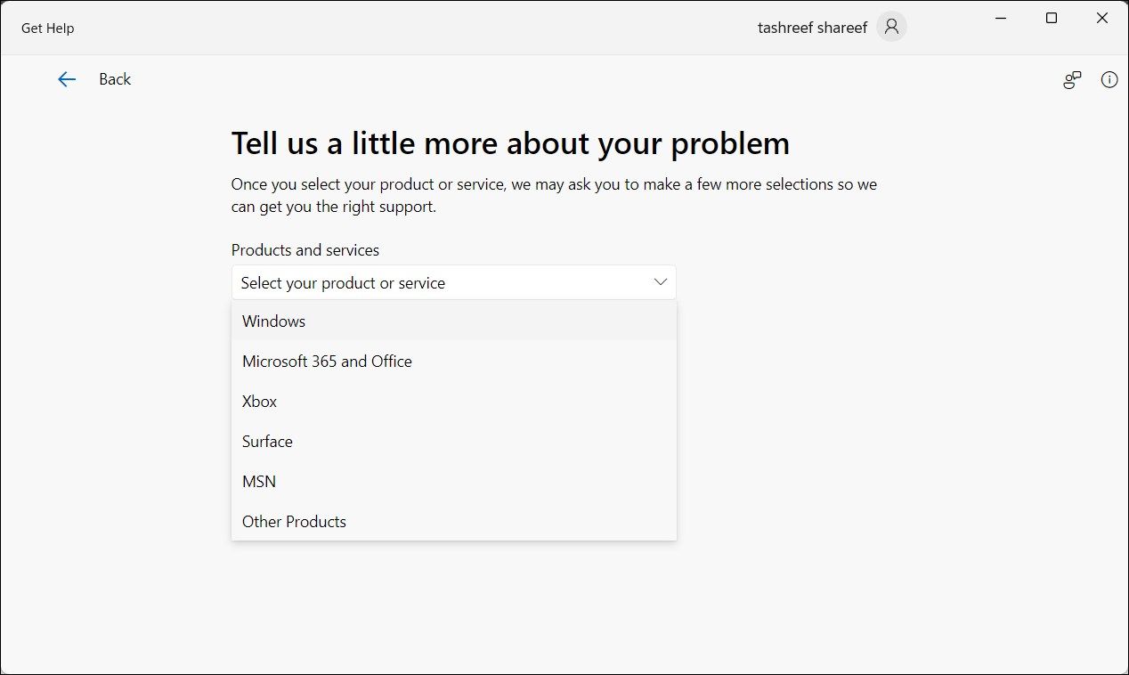 Windows 11 get help choose products and services screen