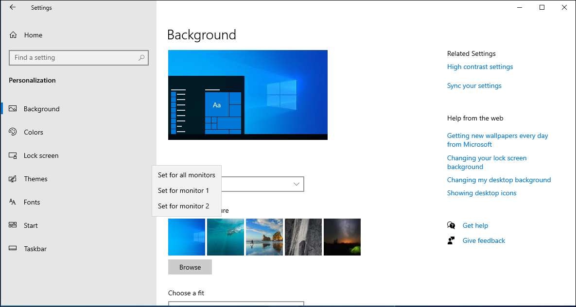 Opțiuni de fundal de personalizare Windows 11 pentru Deskstop 1 și 2