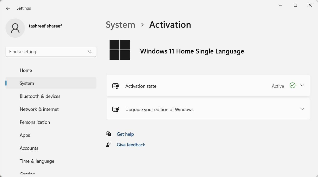 Windows 11 Settings app activation screen