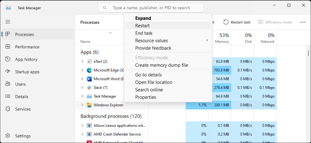 Windows 11 Task Manager Showing Restart Option for Windows Explorer