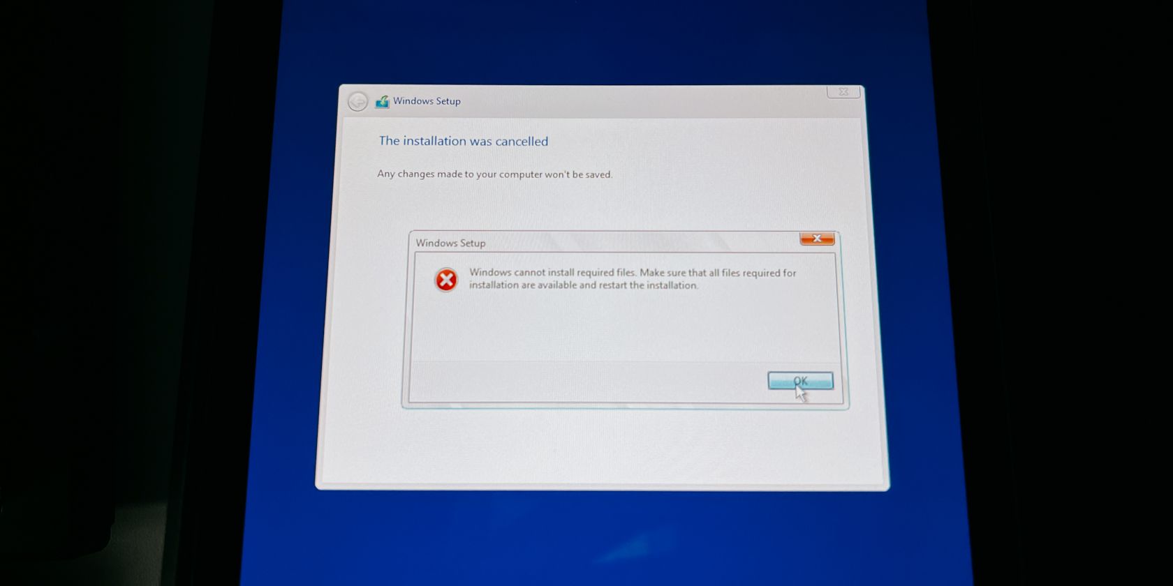 Windows nu poate instala fișierele necesare eroare