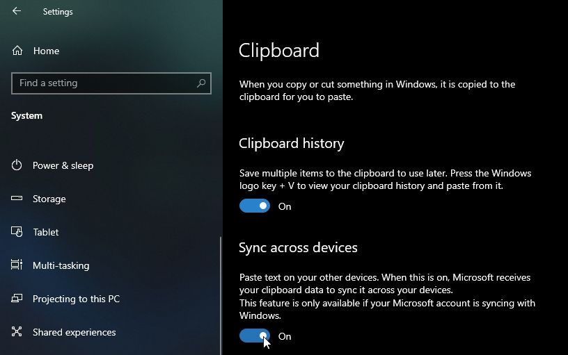 Toggling on the clipboard history sync