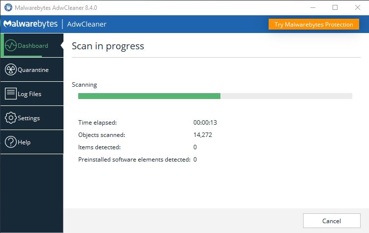 Running a scan with Malwarebytes AdwCleaner