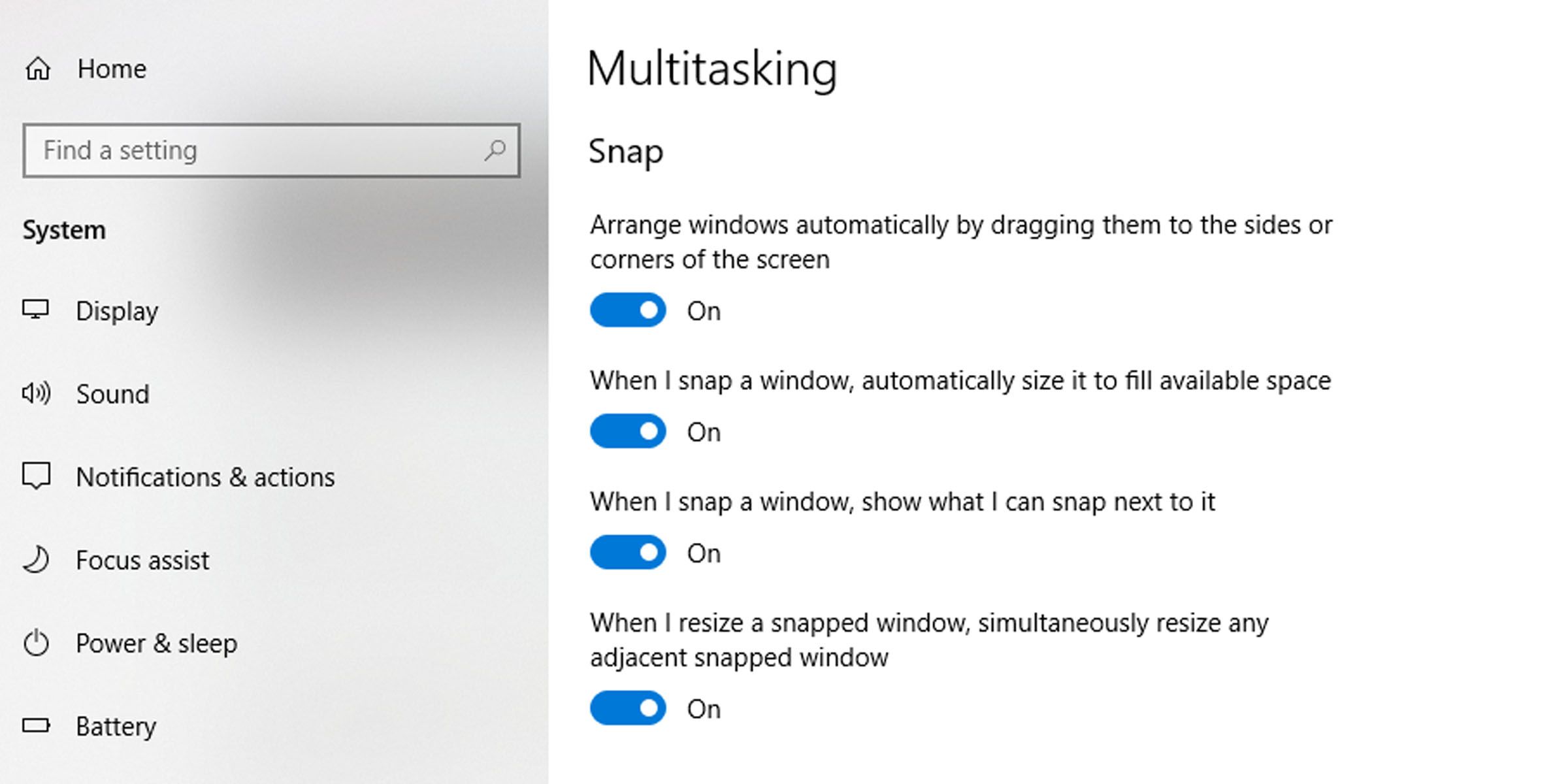 Setări Windows Snap Assist
