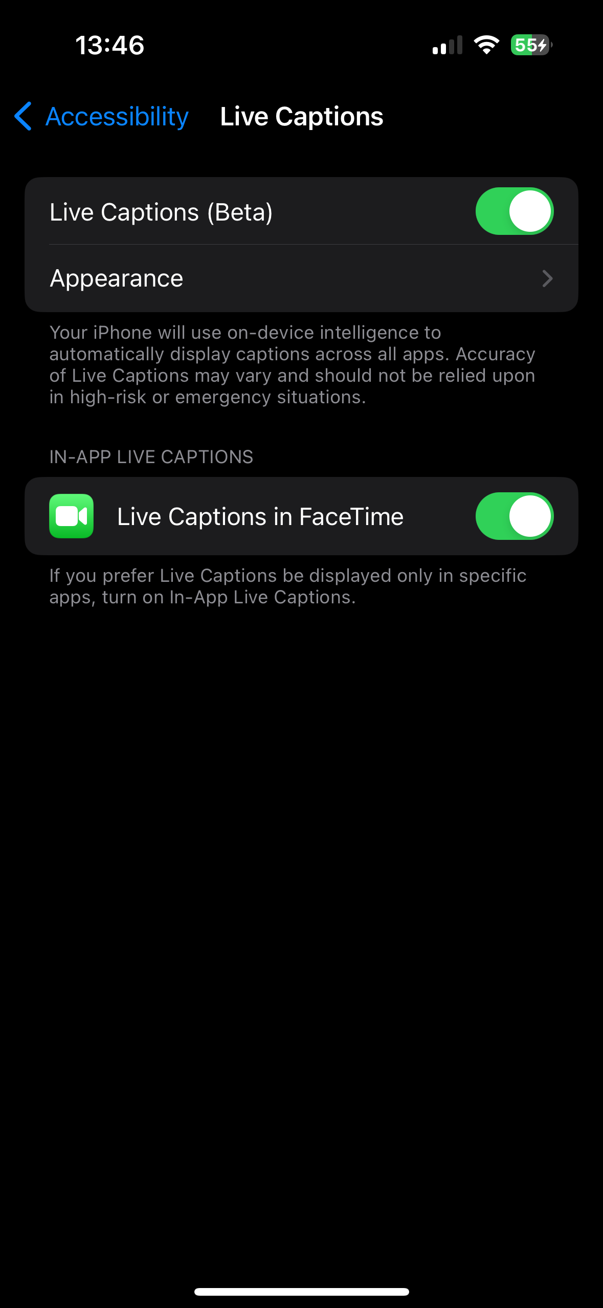 iPhone Live Captions Options