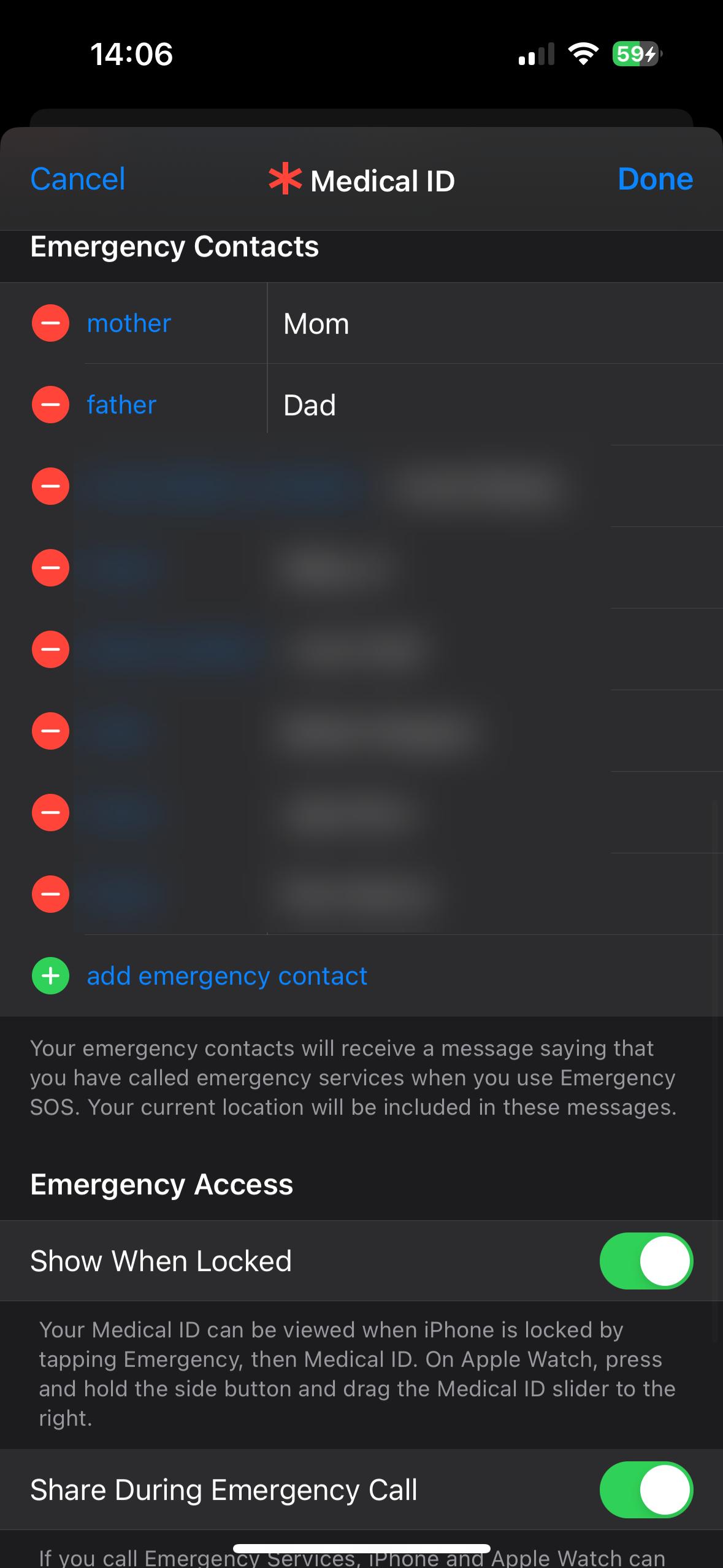 iPhone Edit Emergency Contacts
