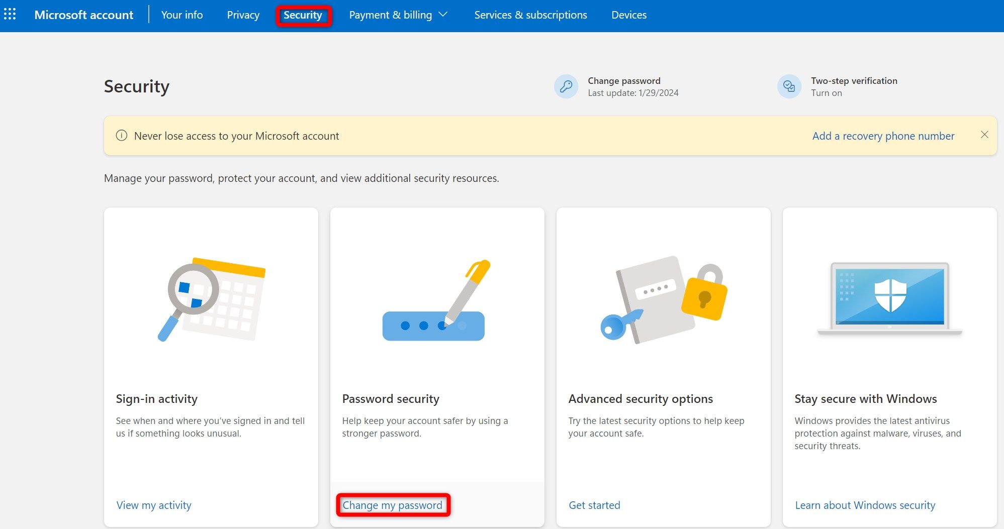 Opening the password security settings to change the Microsoft Accont password.
