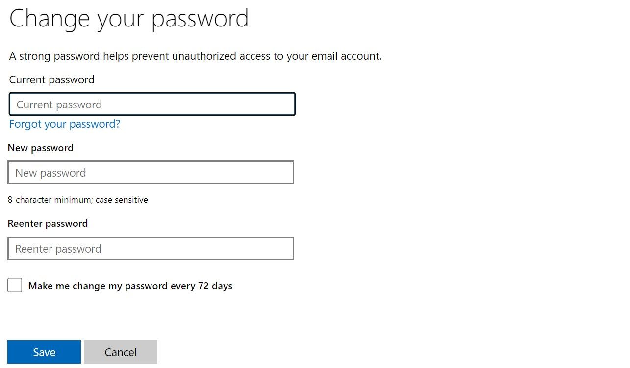Entering the old and new password on the Microsoft website.