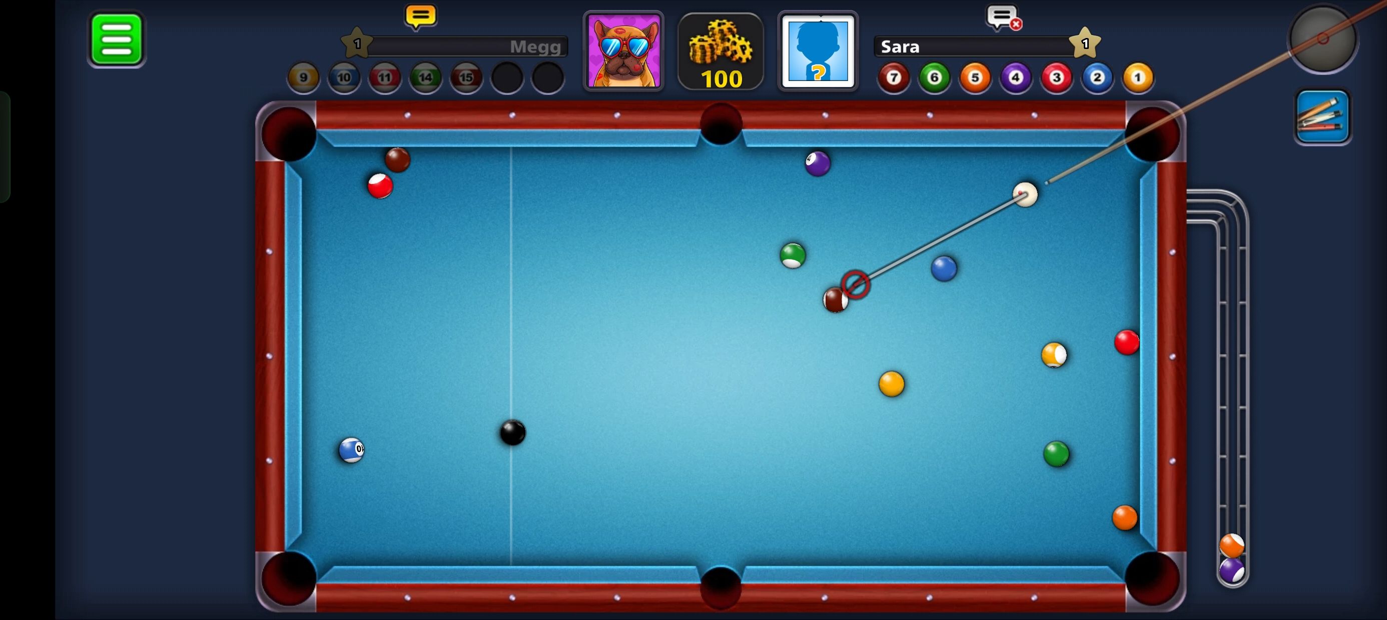 a 1v1 match in 8 ball pool
