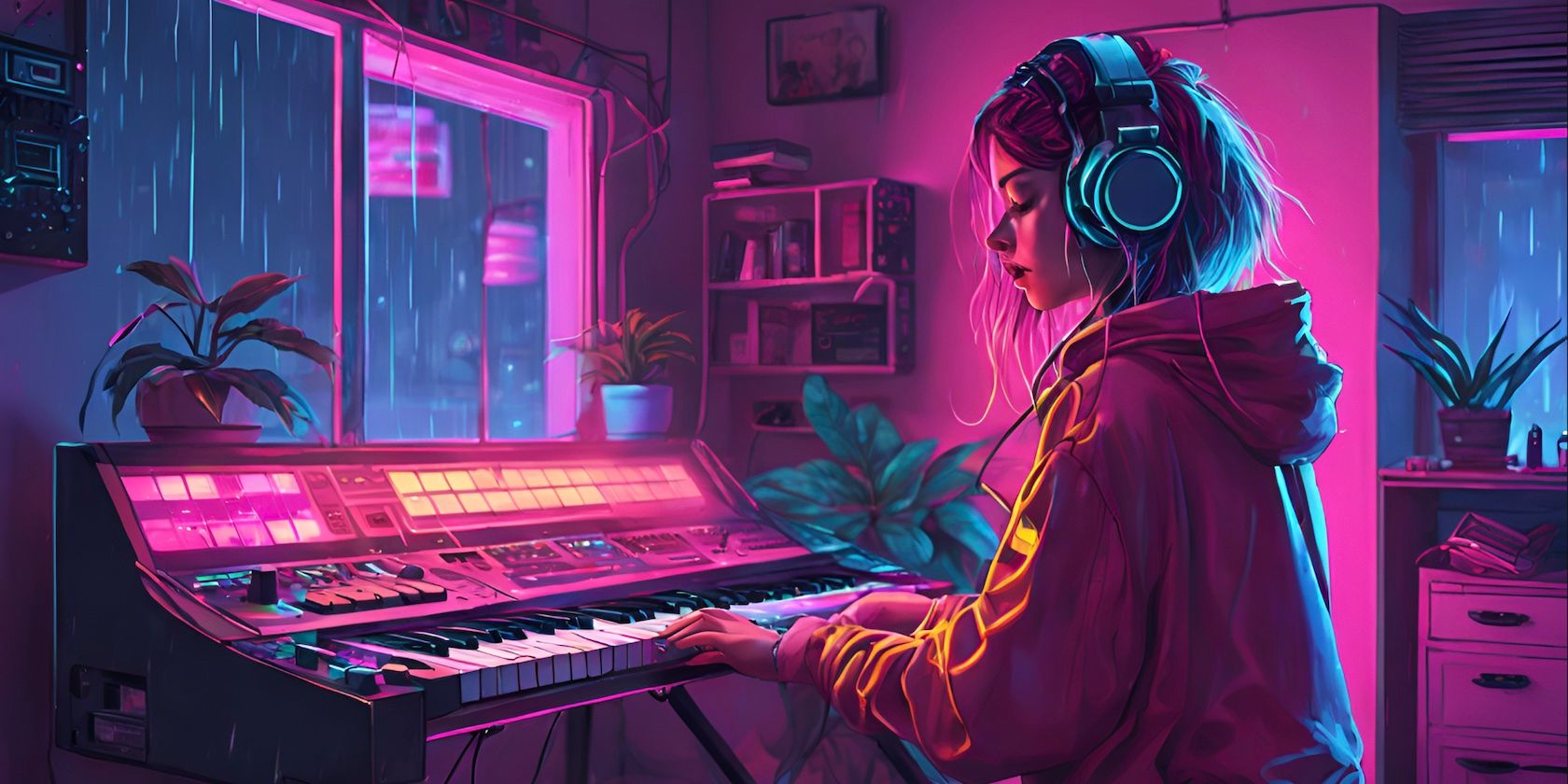 A neon colored image of a girl playing a synth made using DreamStudio