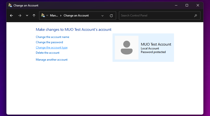 Account settings for a Windows user account in the Control Panel