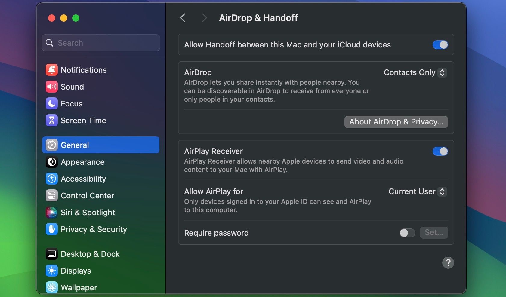 AirDrop & Handoff settings in macOS