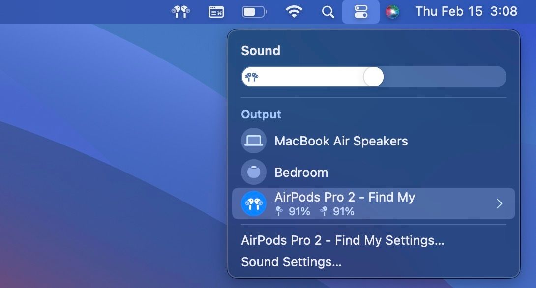AirPods Pro connected to a Mac appearing in the Control Center