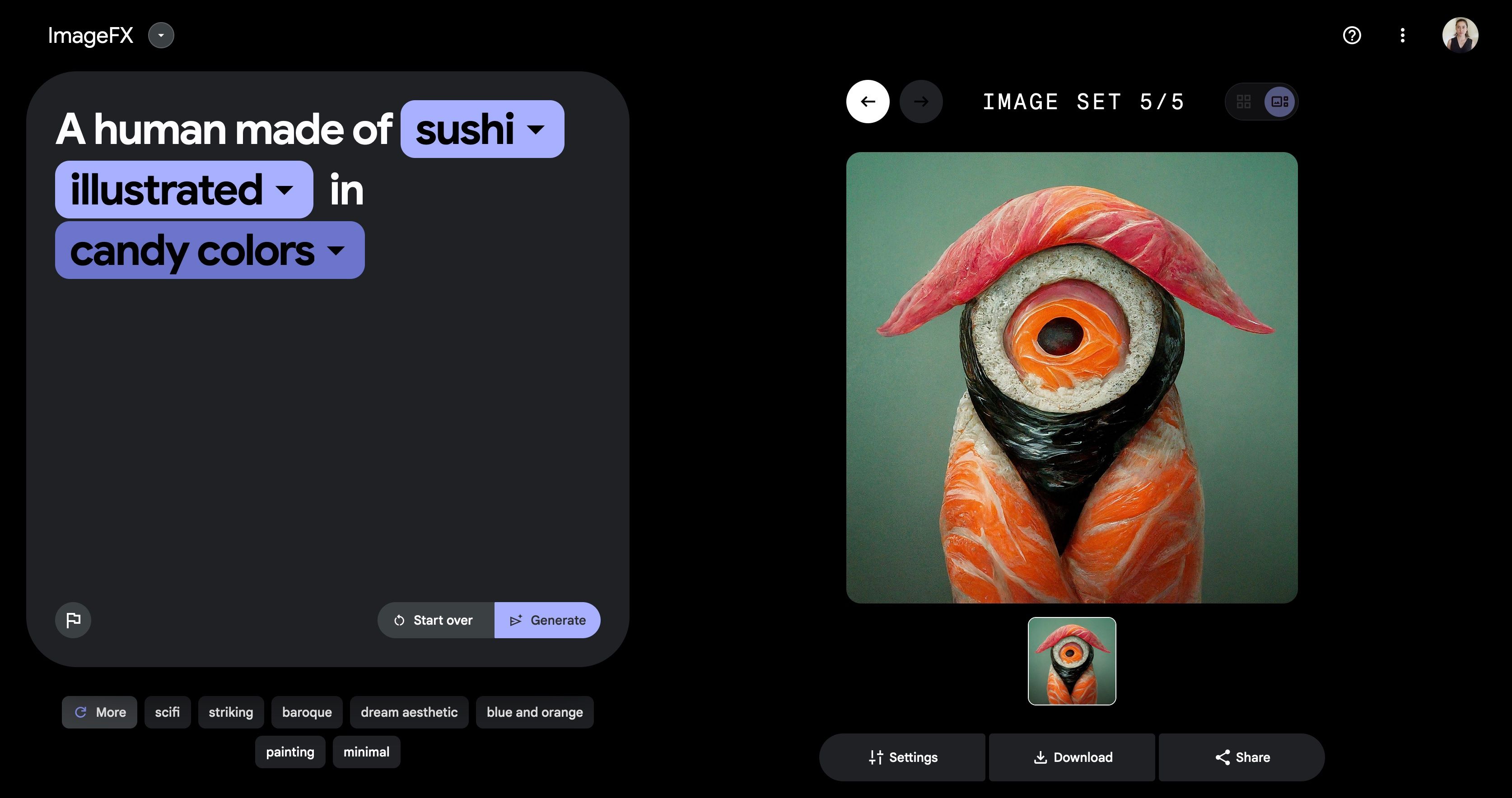 An illustrated sushi character made using ImageFX by Google