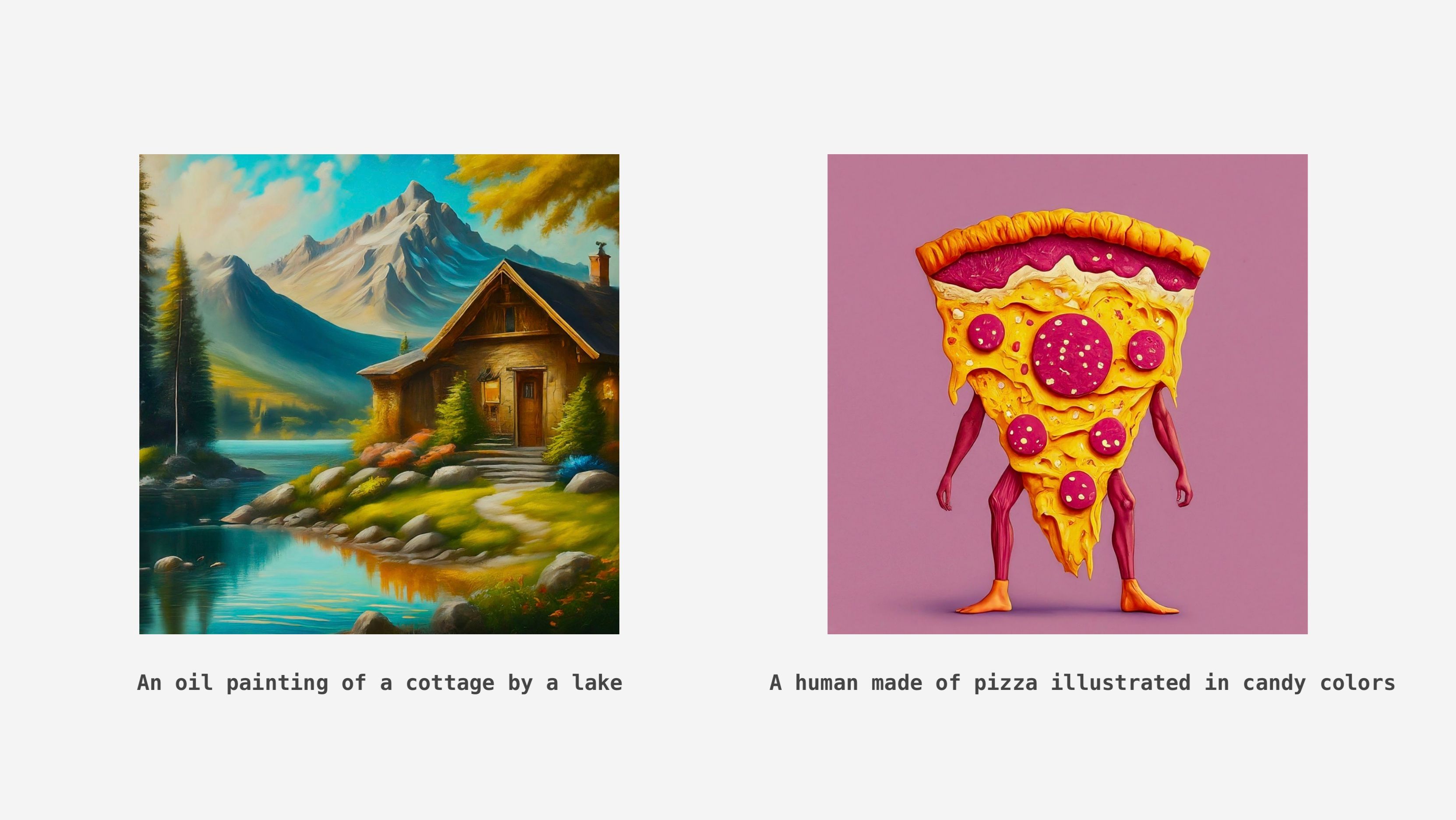 An image of a cottage by a lake next to an image of a pizza with legs and arms