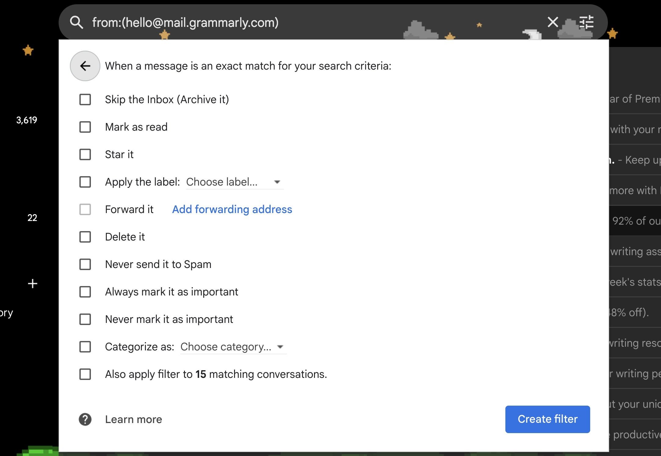 Acțiuni automate pentru filtrele Gmail pe o captură de ecran de computer