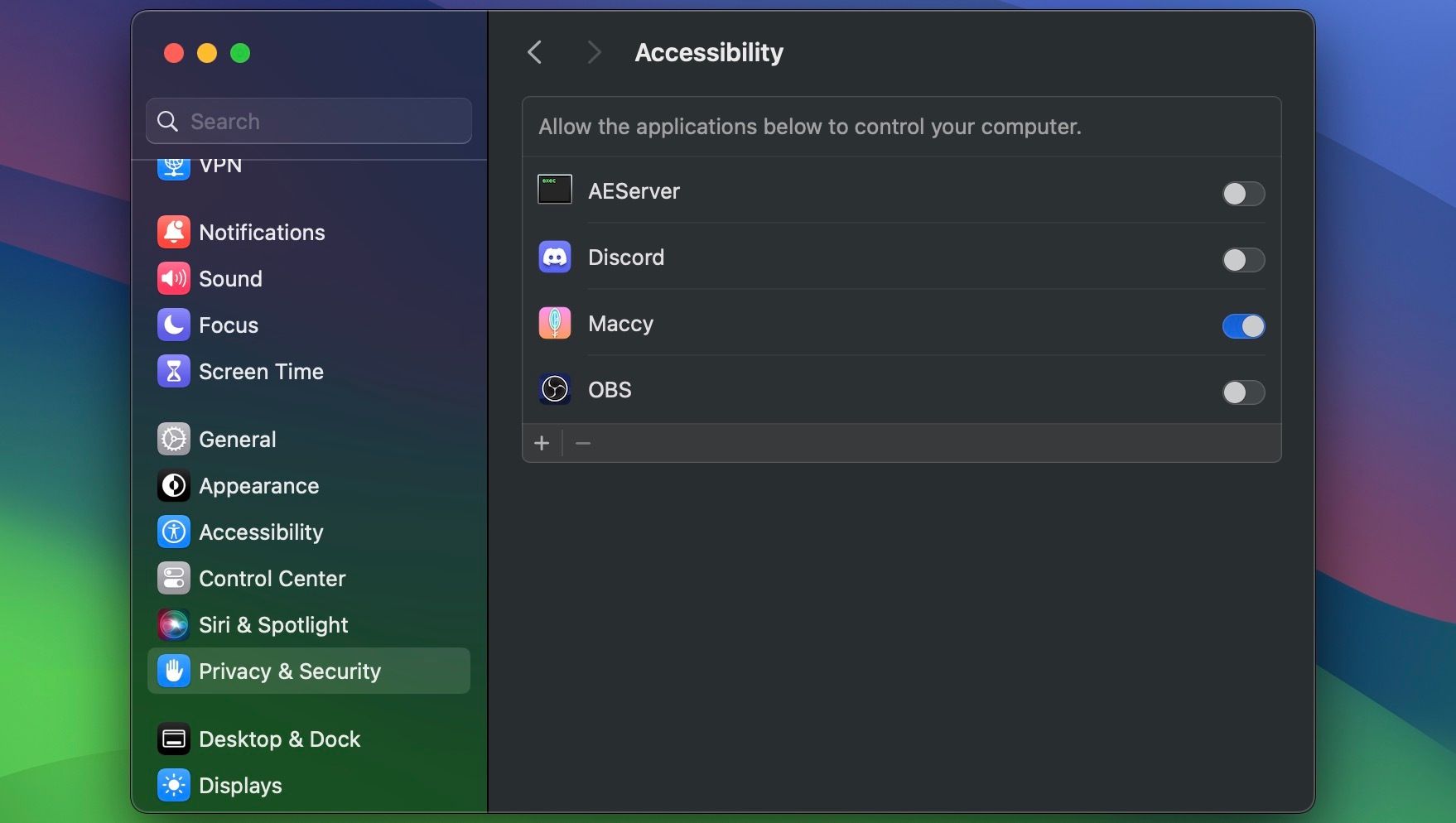 Changing Accessibility settings for Maccy app
