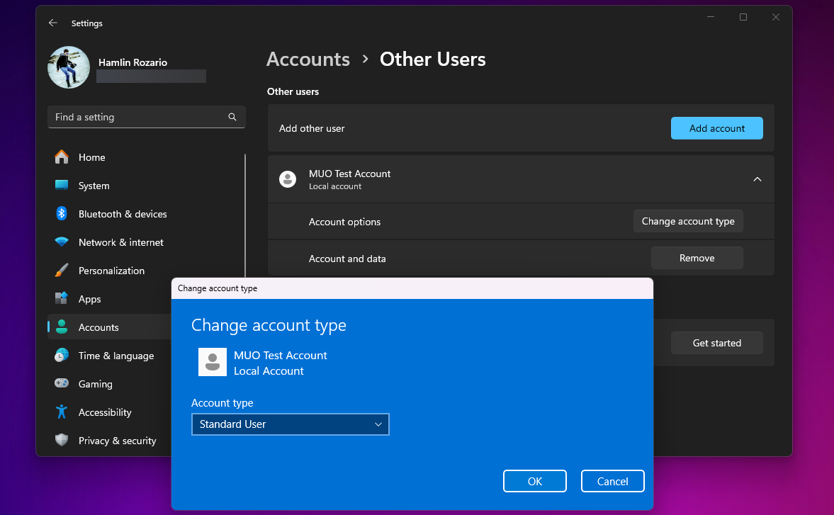 changing account type for a local account on Windows 11