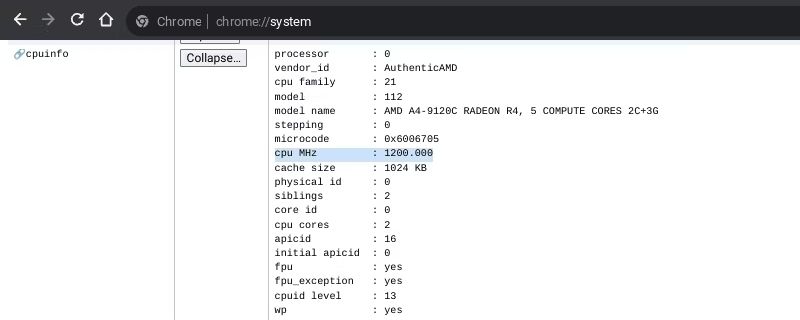 checking chromebook specs in chrome system settings tab