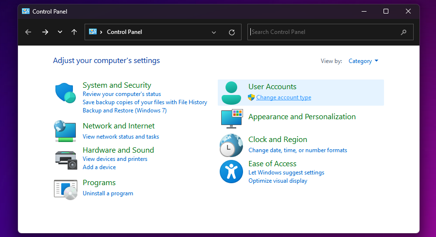 Control Panel in Windows 11 with User Accounts section highlighted