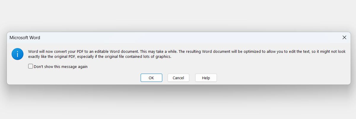 اعلانی که می گوید MS Word یک PDF را به یک سند Word تبدیل می کند