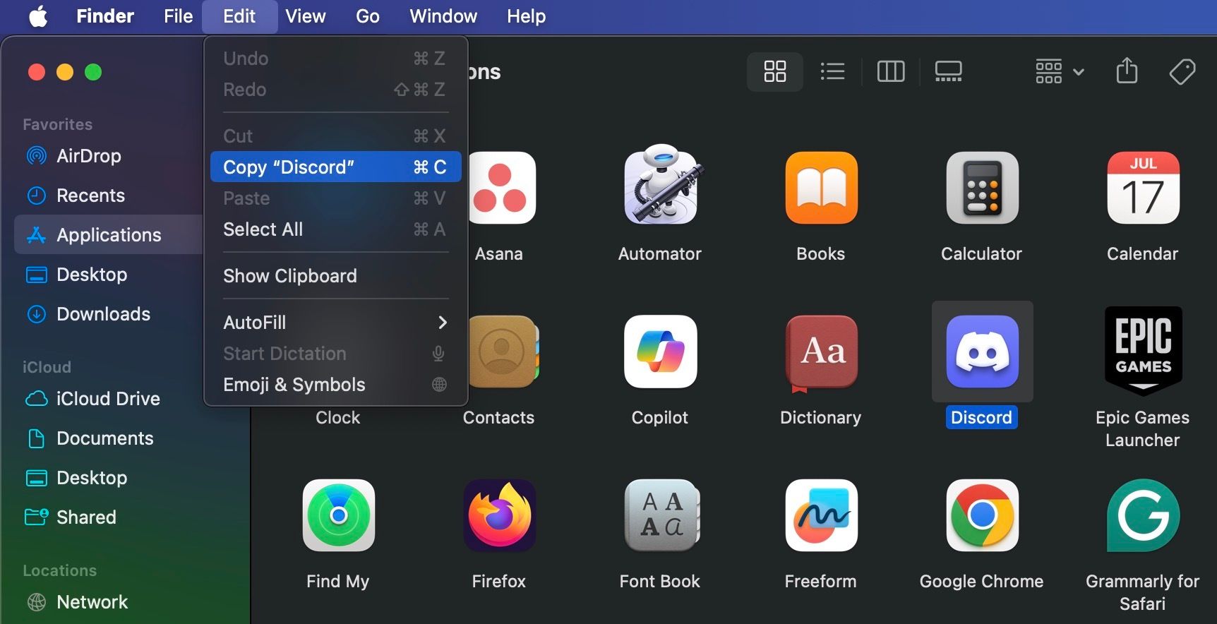 Copying an app on Mac from the menu bar
