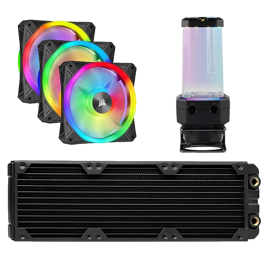 Corsair Hydro X Series iCUE XH305i RGB PRO fans, radiator, and water cooling pump
