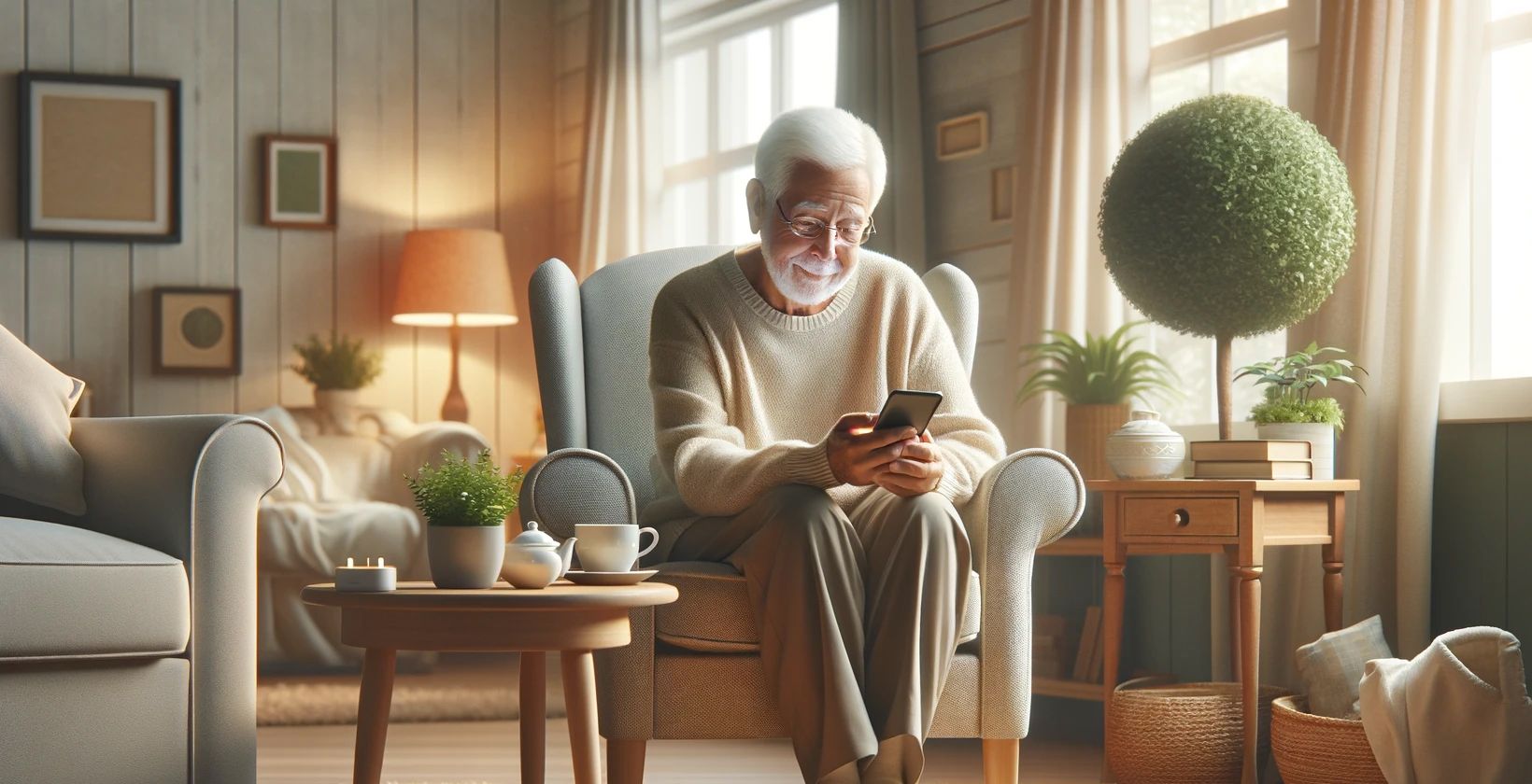 An elderly man using an iPhone in a sunny room.