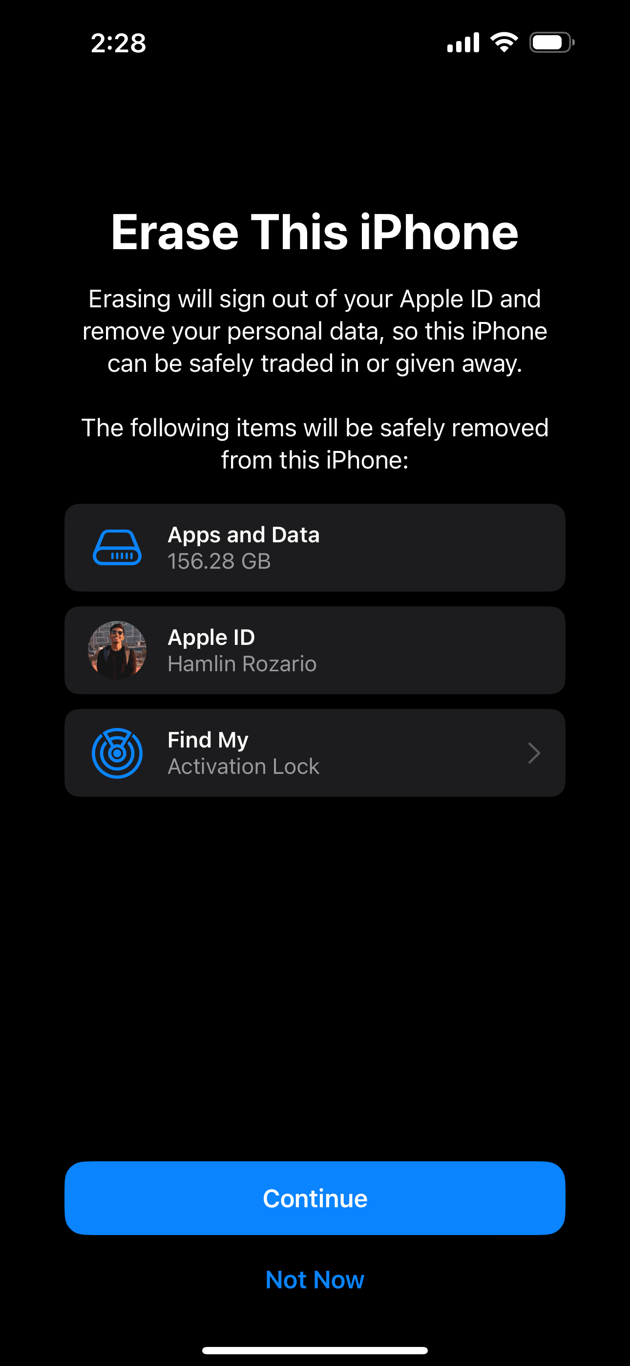 Erase This iPhone confirmation menu in iOS