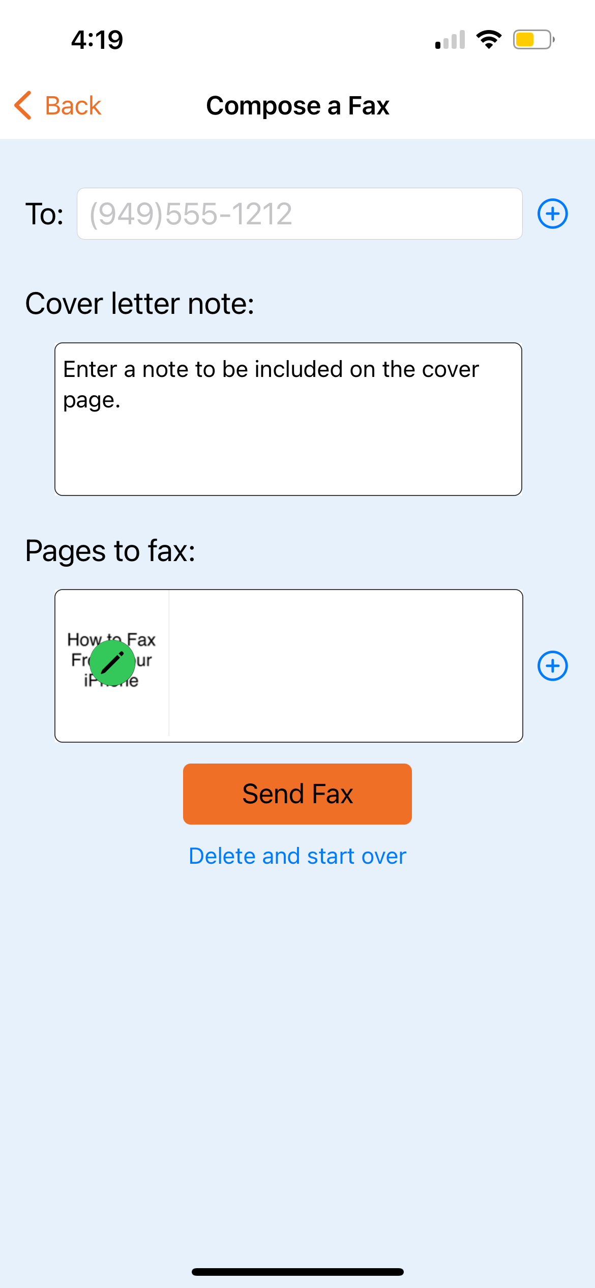 fax burner compose a fax page with page added