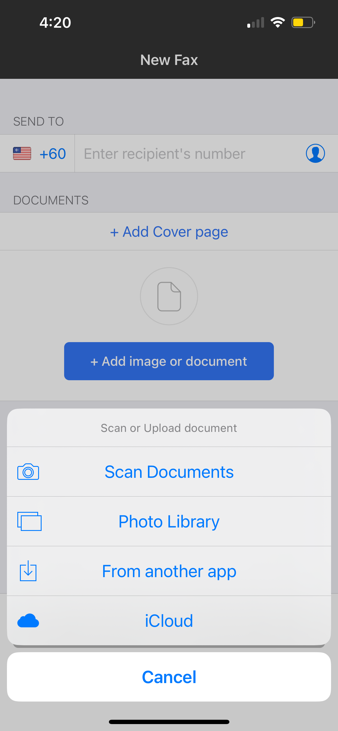 fax from iphone document upload source options