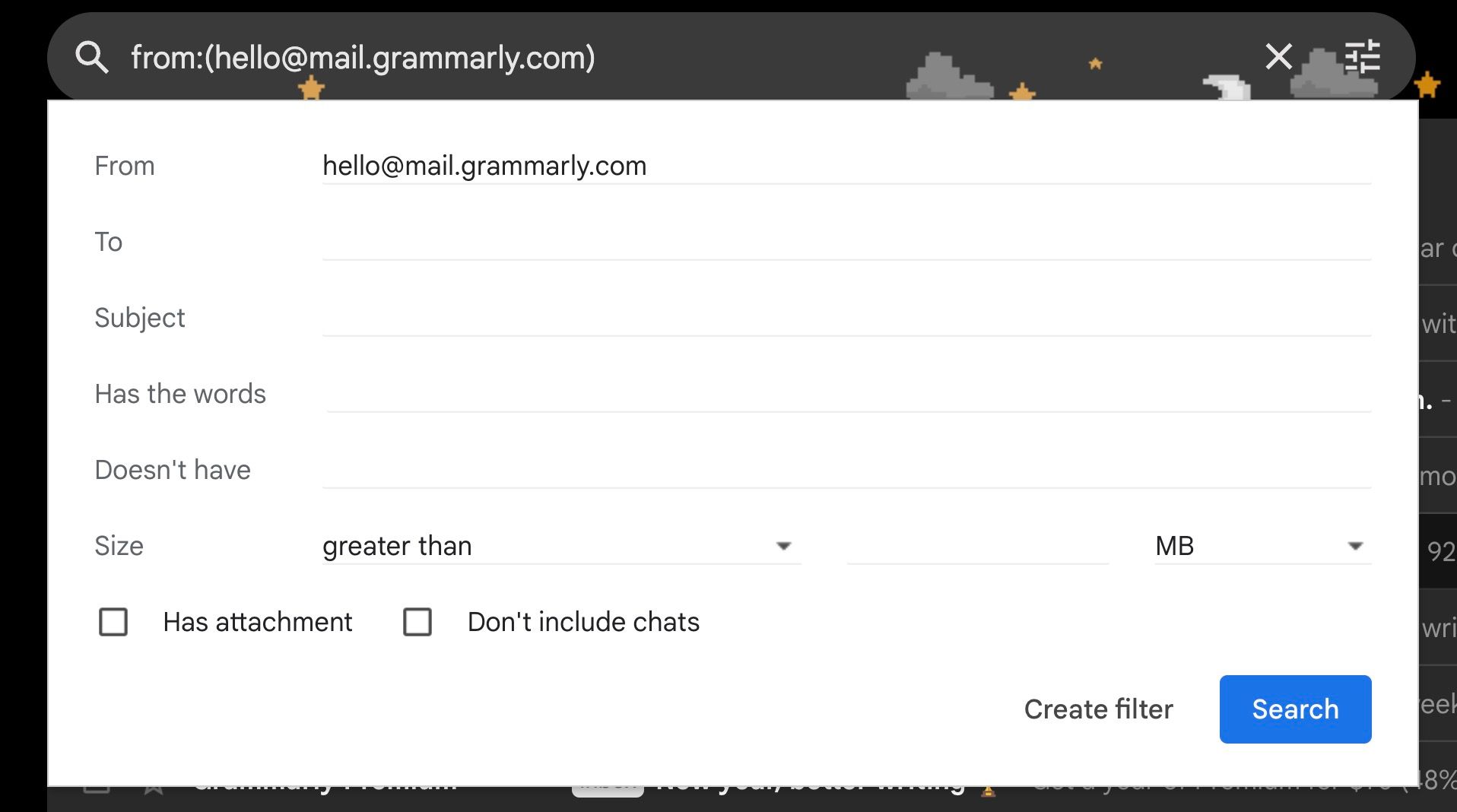 Opțiuni de filtru Gmail Căutare