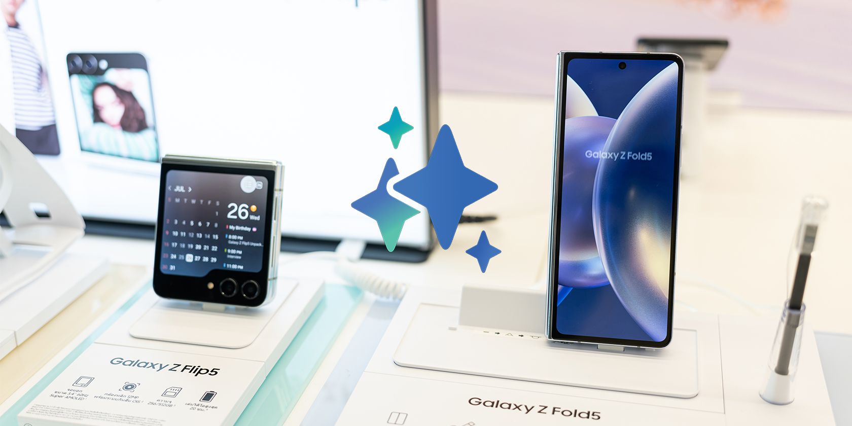 Galaxy Z Flip 5 and Z Fold 5 demo units on display at a Samsung booth